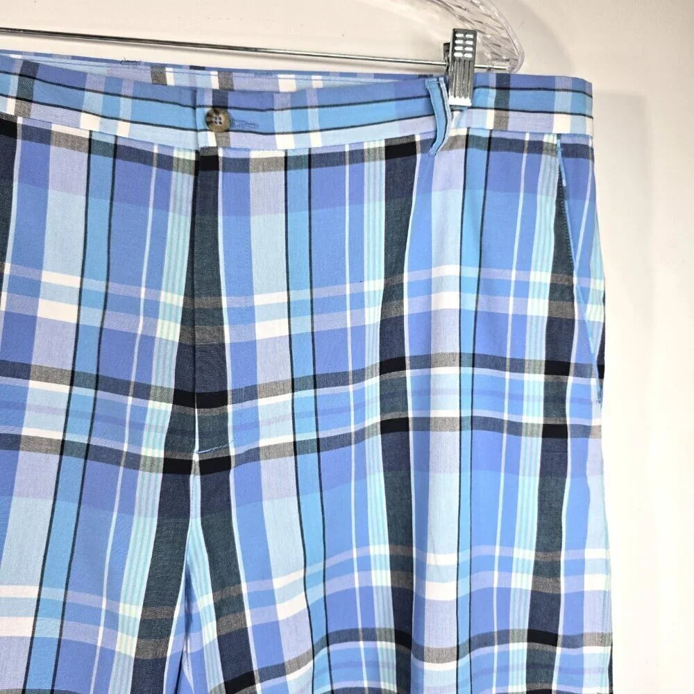 NWT Oxford Golf Blue White Tartan Plaid Cotton Flat Front Chino Shorts